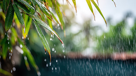 Rain drops on the leaves of a bamboo tree in the rain.の素材