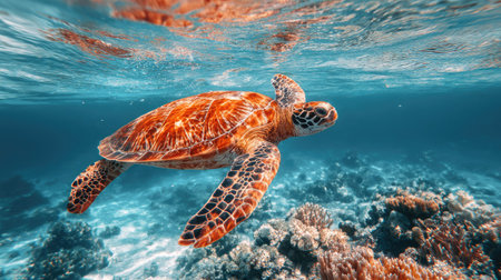 Hawaiian Green Sea Turtle (Eretmochelys imbricata) swimming underwater.の素材