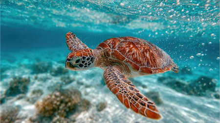 Hawaiian Green Sea Turtle in the Red Sea, Hawaii.の素材