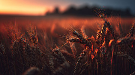 Wheat field at sunset. Ears of golden wheat close-up.の素材