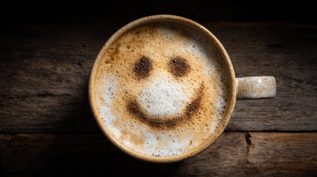 Coffee cup with smiley face on wood background, Top viewの素材