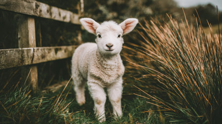 Cute lamb standing in a field of grass, looking at cameraの素材