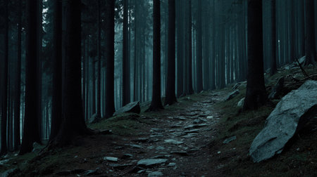 Path in the dark forest at night. Dark moody image.の素材