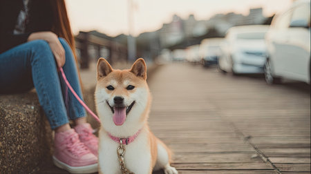 Shiba inu dog sitting on a wooden bridge and looking at the cameraの素材