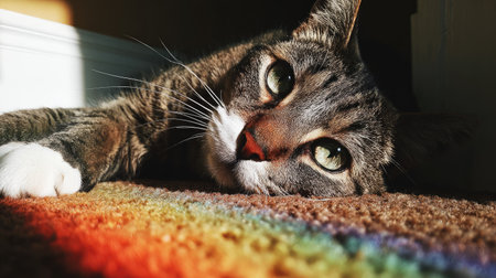 Cute tabby cat lying on carpet at home, closeupの素材