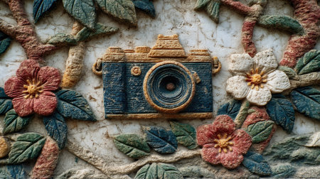 Vintage photo camera and flowers on a stone wall. Close up.の素材