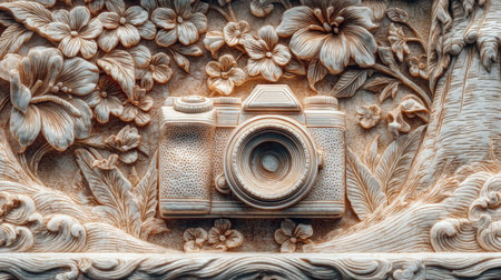 Vintage photo camera on the background of a decorative wall. Art and designの素材