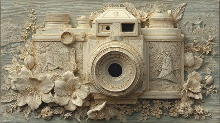 Vintage photo camera with flowers on wooden background, top view.の素材