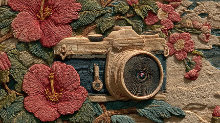 Vintage camera and hibiscus flowers on a wooden backgroundの素材