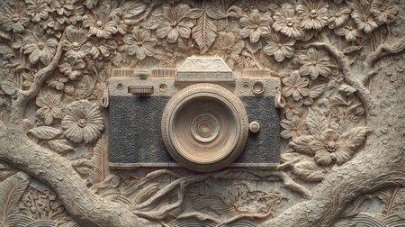 Vintage photo camera on the wall of thai temple, Thailand.の素材