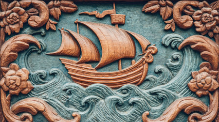 Wooden ship on the background of a wooden door. Close-up.の素材
