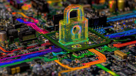 Cyber security concept. Close up of computer circuit board with padlockの素材