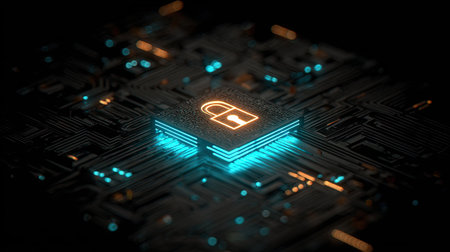 Cyber security concept with glowing padlock on circuit board 3D renderingの素材