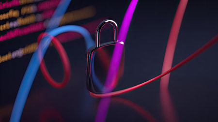 Locked padlock on the background of a computer monitor with binary codeの素材