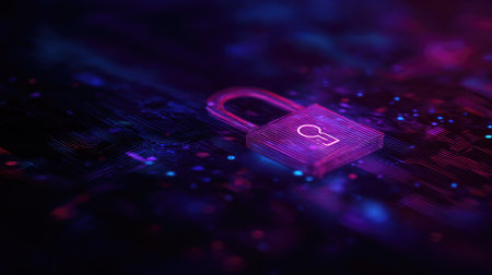 Cyber security concept. Padlock on circuit board background. 3d illustrationの素材