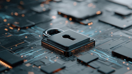 Close-up of a computer chip with a padlock on itの素材