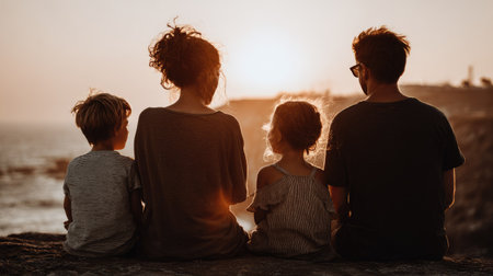 Happy family sitting on a rock by the sea and watching the sunsetの素材
