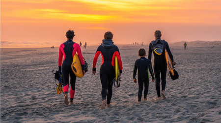 Rear view of a group of surfers with surfboards on the beach at sunsetの素材