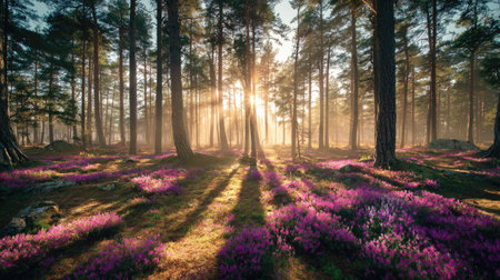 Sunset in the forest with blooming purple crocus flowers.の素材
