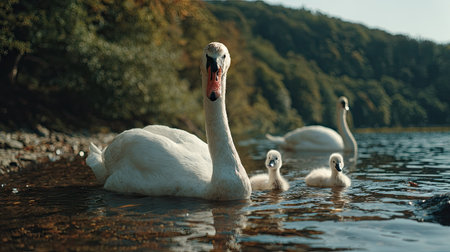 Mute swan with cygnets on the lake in autumn.の素材