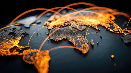 Global network connection. 3d illustration. World map with glowing linesの素材