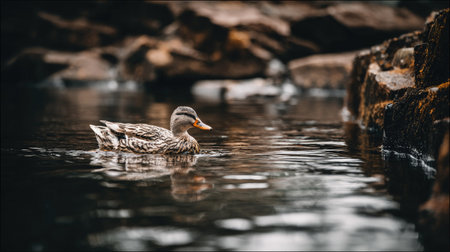 Duck swimming in a lake. Beautiful duck swimming in the lake.の素材