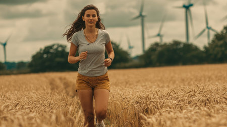 Young woman running in a wheat field on a sunny summer day.の素材