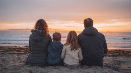 Family with two kids sitting on the beach and watching the sunset.の素材