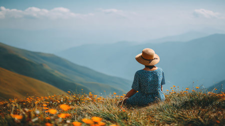Young woman in blue dress and straw hat sitting on the top of the mountain and looking at the valleyの素材
