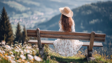 Young woman sitting on a bench in the mountains and enjoying the viewの素材
