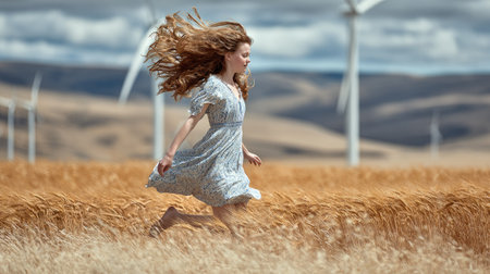 Beautiful young woman running in wheat field and wind turbines in backgroundの素材