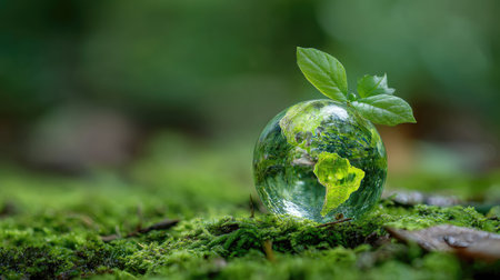Glass globe with green sprout growing on moss in the forest.の素材