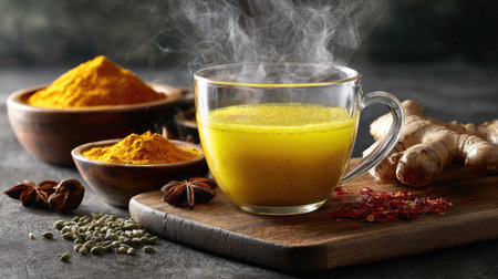Hot turmeric drink in glass cup with ingredients on grey table, closeupの素材