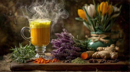Turmeric latte in a glass on a wooden table with spicesの素材