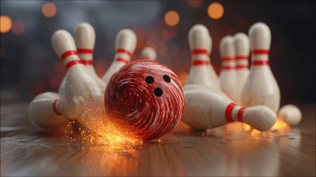 Bowling ball crashing into pins on a bowling alley. 3d renderingの素材