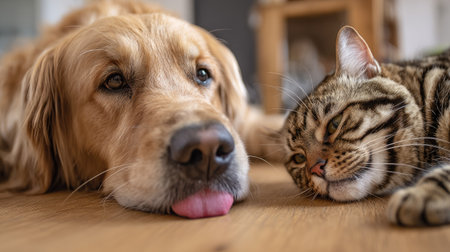 Cute Golden Retriever and cat lying together on the floorの素材