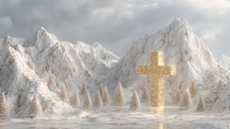 christian cross in snowy mountains. 3d illustration. christianity conceptの素材