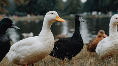 Ducks and ducks on the shore of a lake in the parkの素材