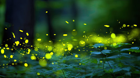 Green forest with bokeh lights, close-up. Nature backgroundの素材