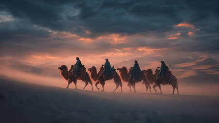 Camel caravan in the desert at sunset. 3D illustration.の素材
