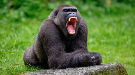 Gorilla sitting on a rock with open mouth and showing teethの素材