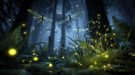 Dragonflies in the night forest. 3D Rendering, 3D illustration.の素材