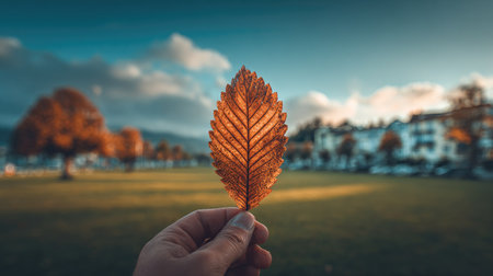 Autumn leaf in hand with blurred background. Autumn season concept.の素材