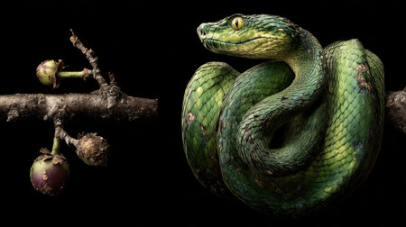 Green pit viper on a branch isolated on a black background.の素材