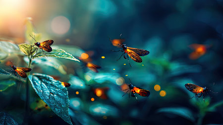 Butterflies on green leaves in the morning sunlight. Nature backgroundの素材