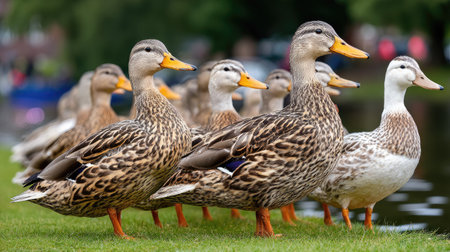 ducks on the green grass in the park, close-upの素材