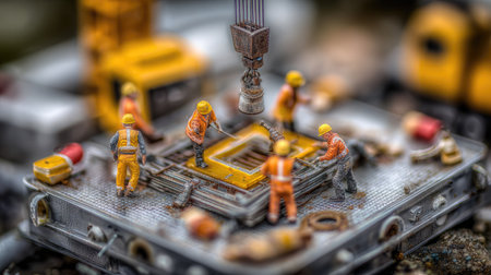 Lego minifigures working on a model of a computer.の素材