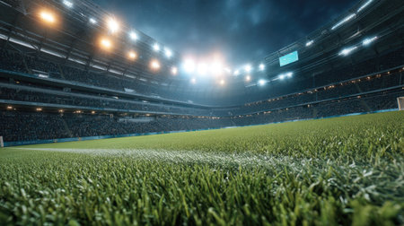 Soccer stadium at night with lights and grass. 3d renderingの素材