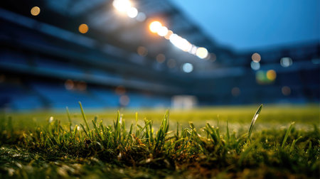 green grass on the football field at night with bokeh lightsの素材