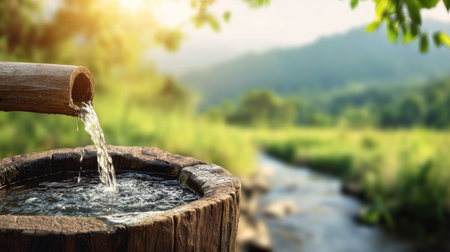 Wooden well with fresh water in nature background, vintage tone.の素材